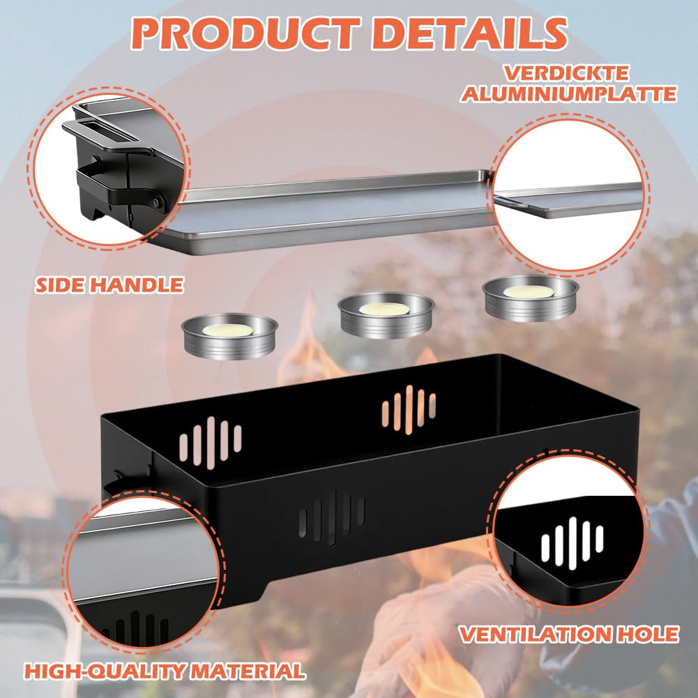 Warmhalteplatte Teelicht BBQ - Speisenwärmer & Warmhaltebehälter für Grill Tisch, Antihaft Aluminium Grill-Heizplatte mit 3 Teelichthaltern, Grill Zubehör Outdoor Garten