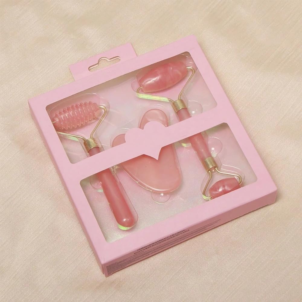 3PCS Facial Massager Roller Tools: Jade Roller Facial Tools for Skin Care - Facial Massager for Face, Eyes, Neck, Relieve Fine Lines and Wrinkles, Self Care Gift for Women(Pink)