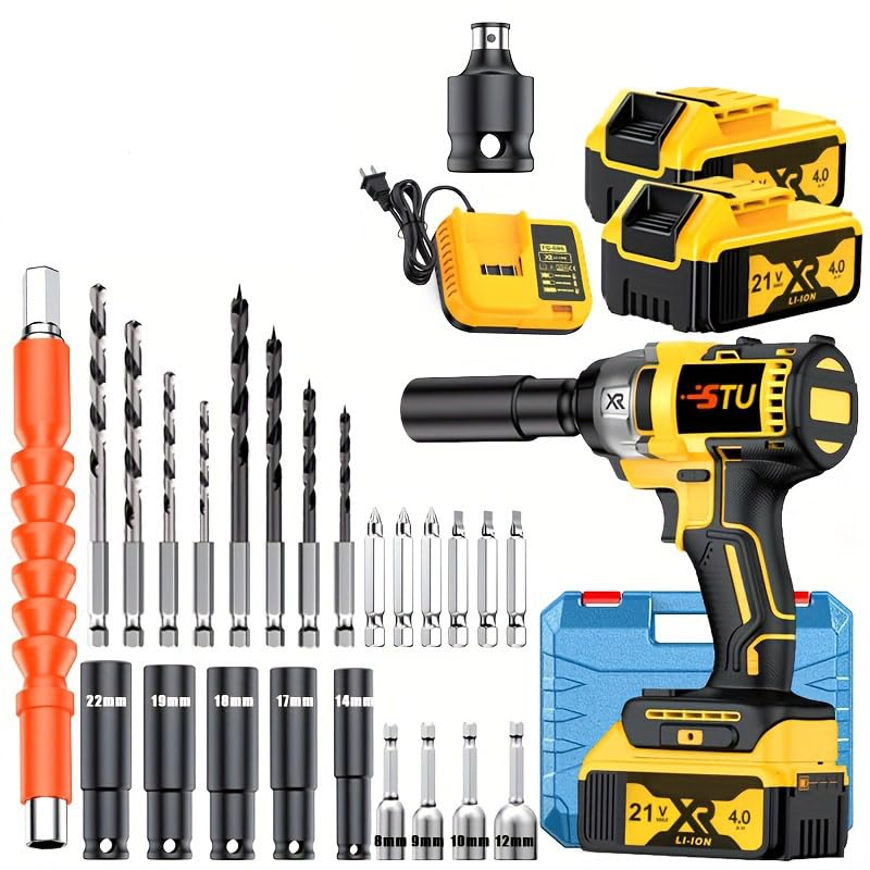 21V wireless impact wrench,Wireless drill/driver compatible with car (Upgrade battery 2+plastic box)