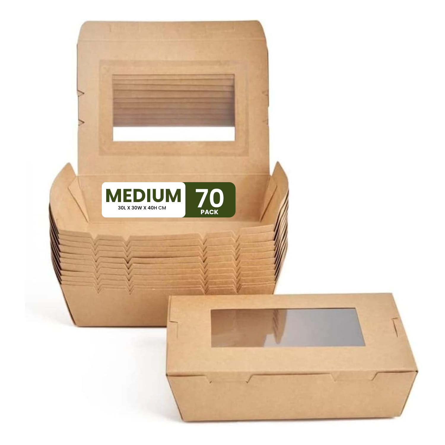 Medium Kraft Lunch Box With Window Food Container Made With Craft Paper For Meals & Dessert, Take Away Container, Disposable, Eco-friendly, Compostable, Paperbox Restaurants - Pack Of 70, Brown