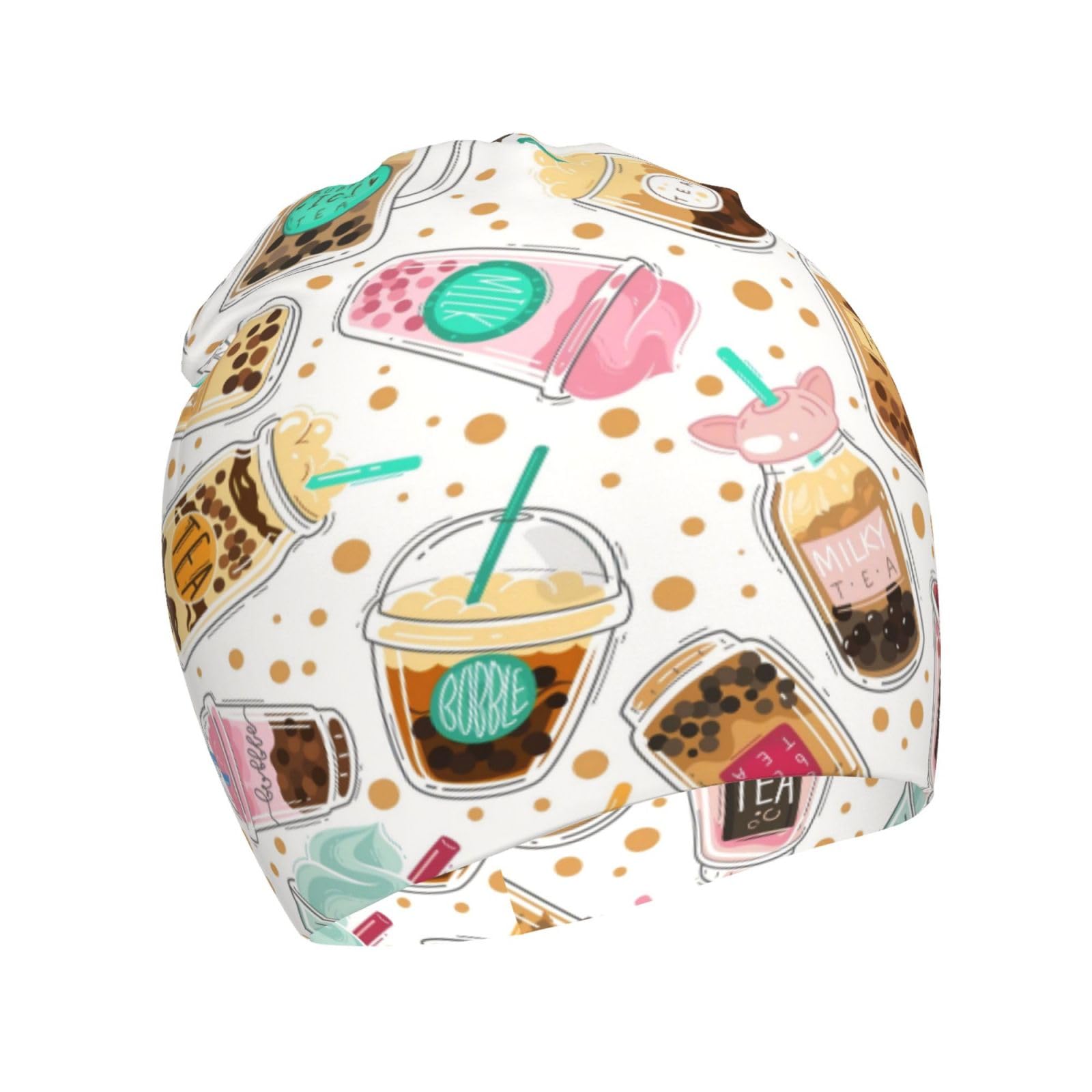 Rqzwdq Cute Cartoon Bubble Tea Pattern Kids Beanie Hats Warm Knit Beanie Cap Skull Caps Gifts Decor for Boys Girls White