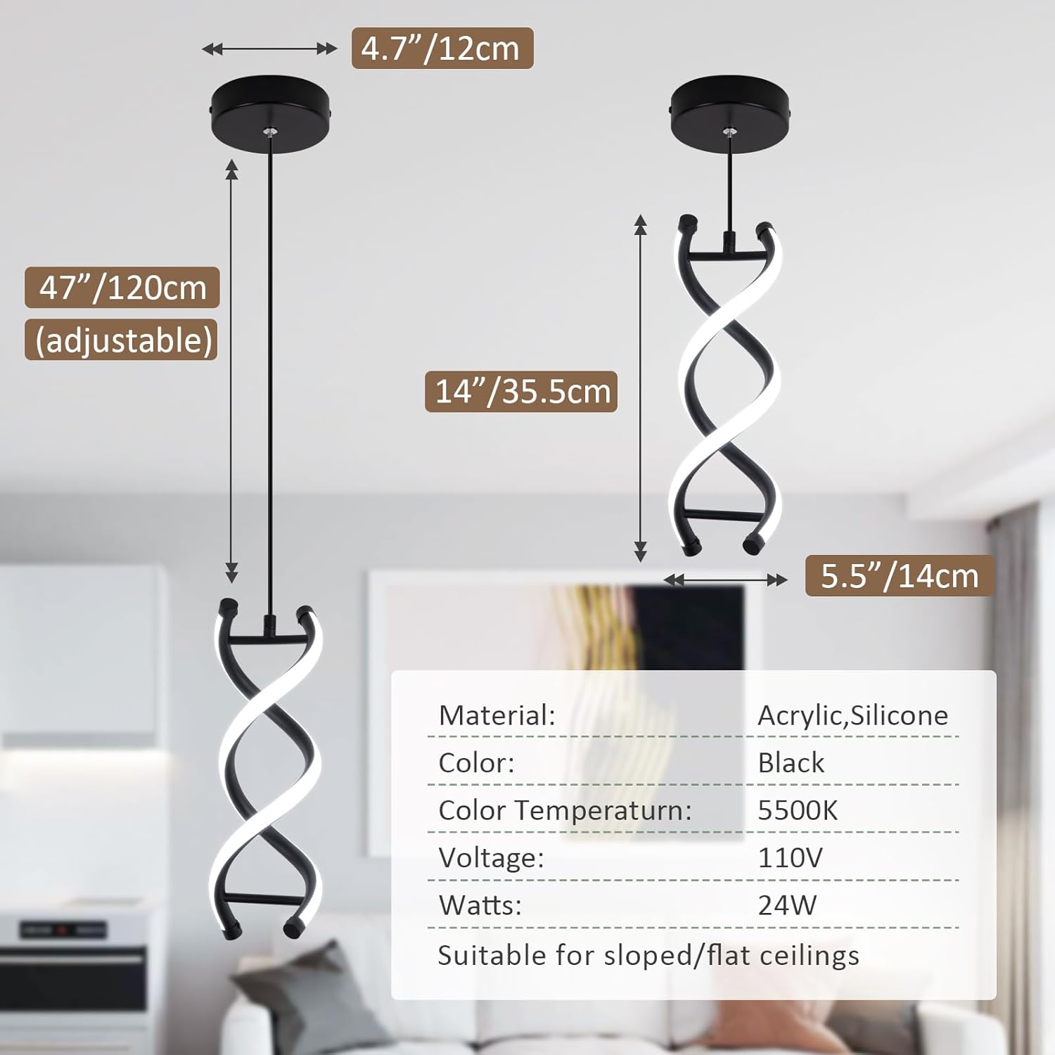 CANEOE Spiral Led Pendant Light Fixture,15W Cold White Light Modern LED Pendant Lamp, Adjustable Kitchen Island Hanging Light Fixture for Dining Room Living Room Bedroom Kitchen Sink, 3 Packs