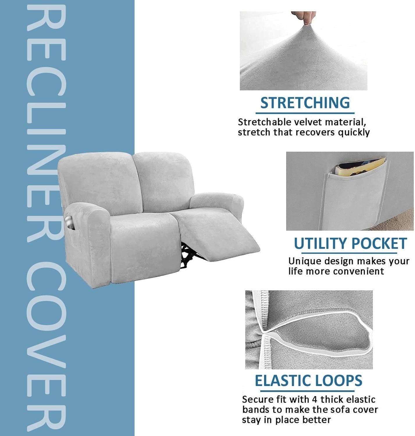 Funda de terciopelo de felpa para sofá reclinable de 2 asientos, funda elástica con bolsillos, suave y cómoda, antideslizante, protector de muebles (gris claro)