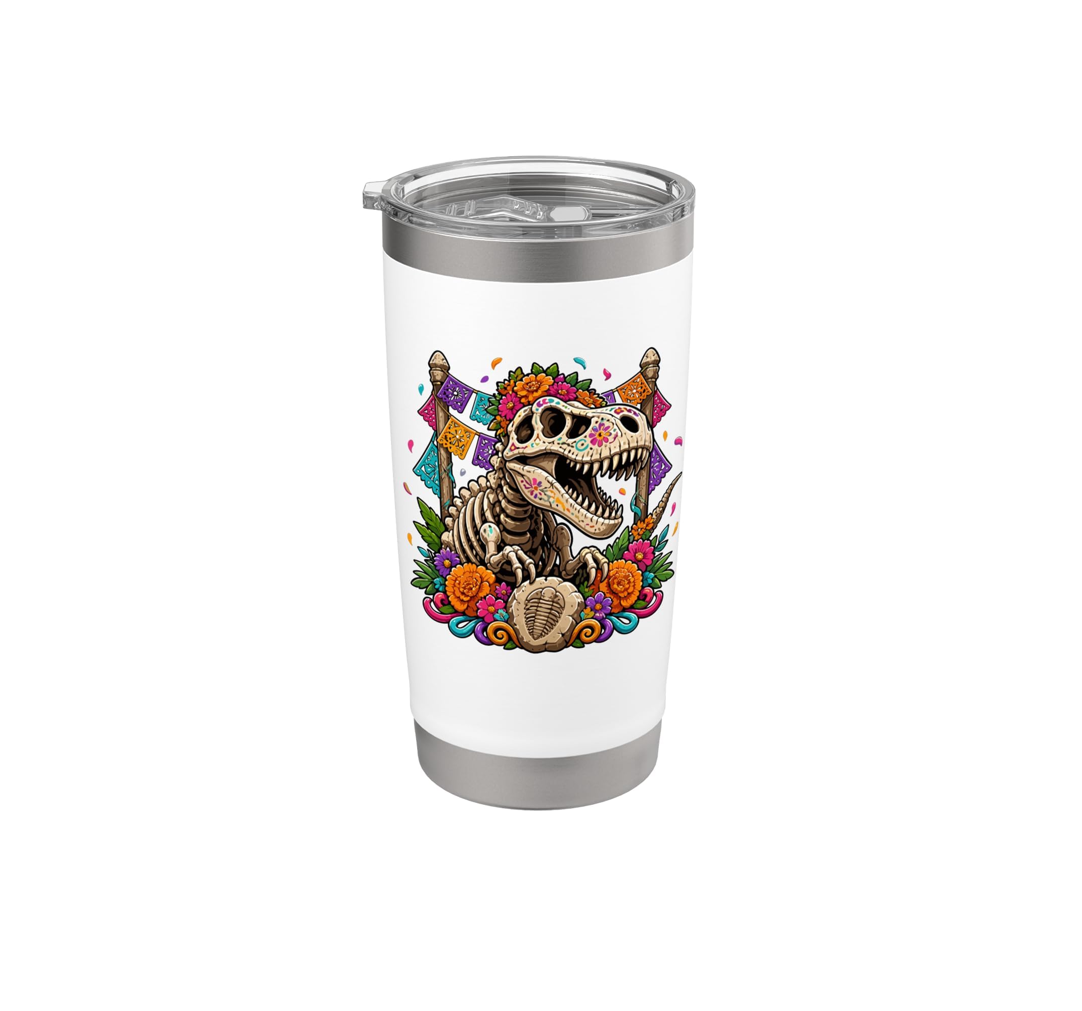 T Rex Sugar Skull Floral Fiesta Celebration Stainless Steel Insulated Tumbler by Dinosaur Skeleton Fiesta Flowers – 20 Ounces, 20 fluid_ounces, Model EXJAZRGENCQUSwhite