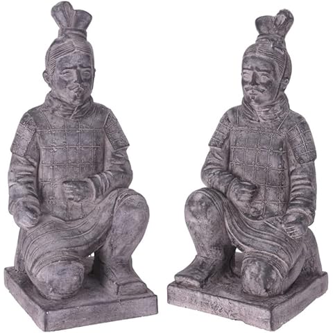 Muddy Hands Set of 2 Large Kneeling Chinese Warrior Statues Indoor Home Outdoor Garden Vintage Soldier Sculpture Cover