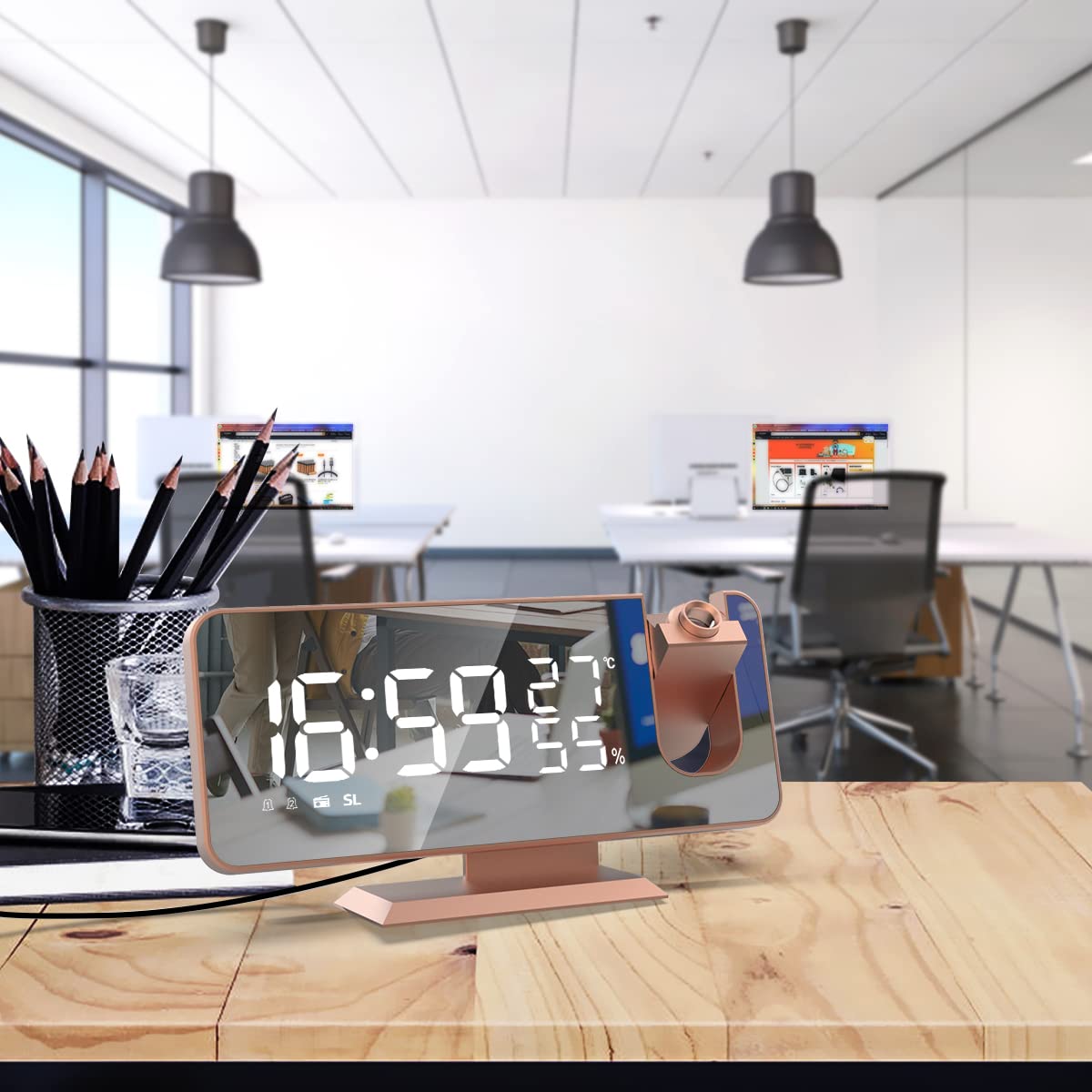 Exmate Despertador de Proyección con Radio FM,Pantalla LED de Espejo de 7,5 Pulgadas,Alarma Dual con Repetición,Brillo de 4 Pantallas,Función de atenuación automática,Puerto de Carga USB (Oro Rosa)