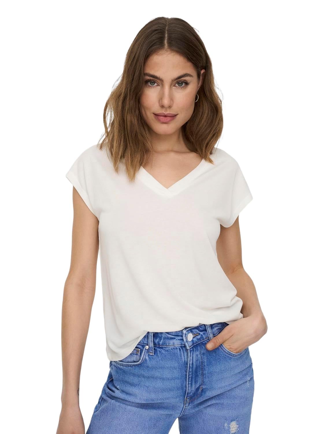 ONLY Women's ONLFREE Life S/S MOD.V-Neck TOP JRS NOOS T-Shirt, Cloud Dancer, M