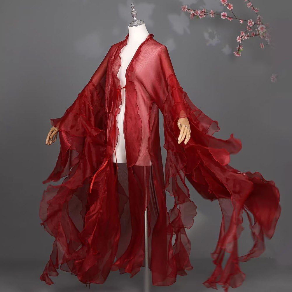 Women's Chinese Hanfu Robe Sheer Organza Wide Sleeve Open Front Cardigan Flowy Hanfu Long Robe Classical Dance Costume