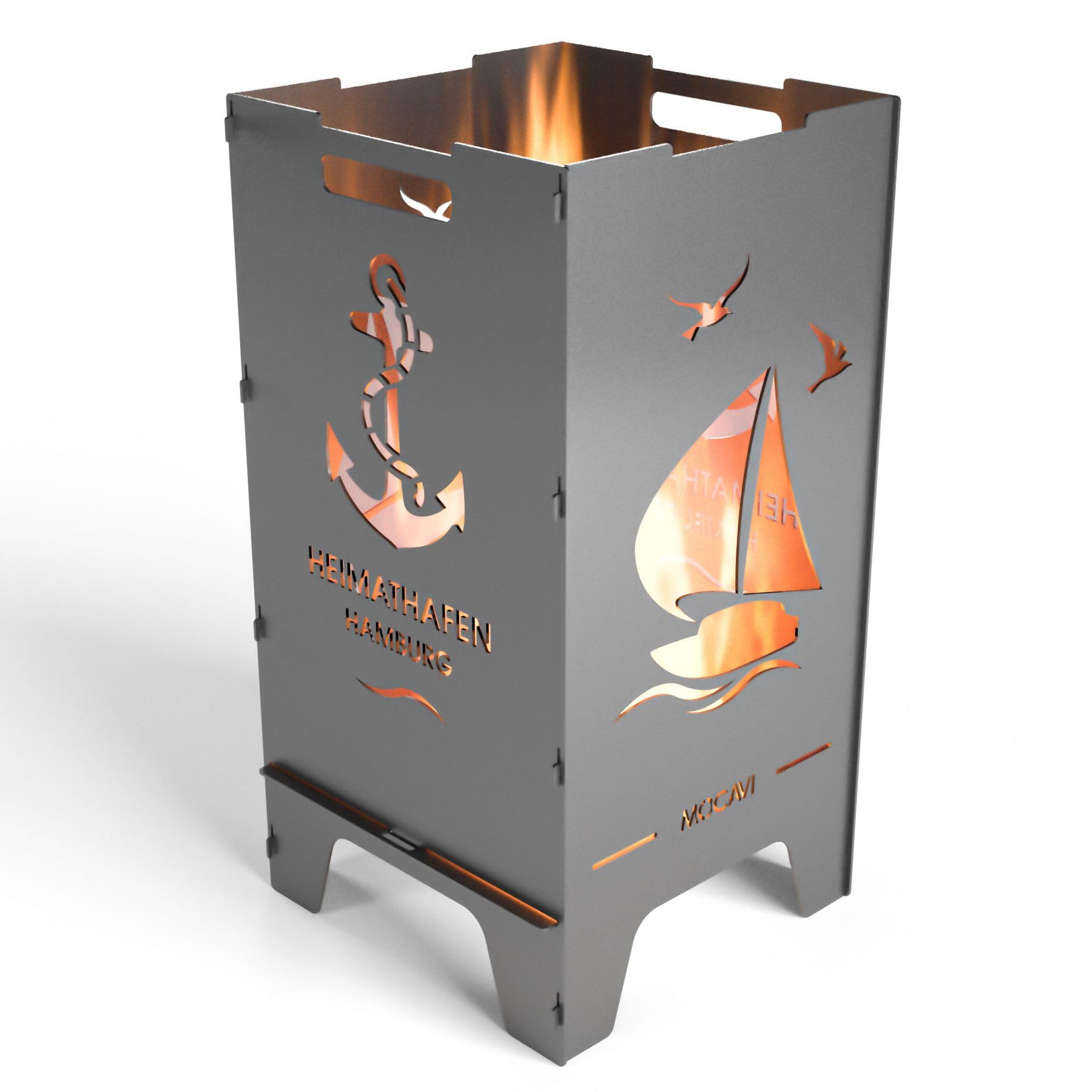 MOCAVI Feuertonne Heimathafen 73 cm | 3 mm Stahl personalisiert Feuerkorb Feuerschale sicher massiv robust Design-Feuerfass für Garten und Terrasse groß eckig Feuerstelle Outdoor hitzefest außen