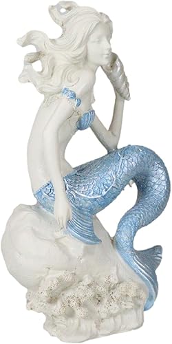 Miniatura 6 de Ebros Gift Diosa náutica del océano, bonita sirena con cola azul, concha, concha, estatua decorativa de 8 pulgadas de alto, diseño de sirenas de