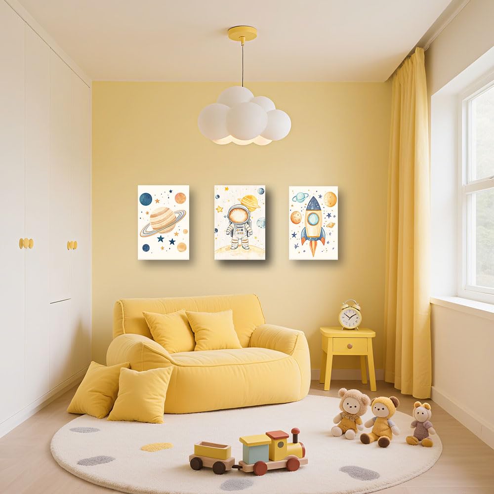 CCWACPP 3 paneles de decoración de pared de astronauta, lienzo de astronauta, impresión de planeta, cohete, obra de arte de astronauta, habitación de niños y niñas, decoración enmarcada (28 x 35 cm)