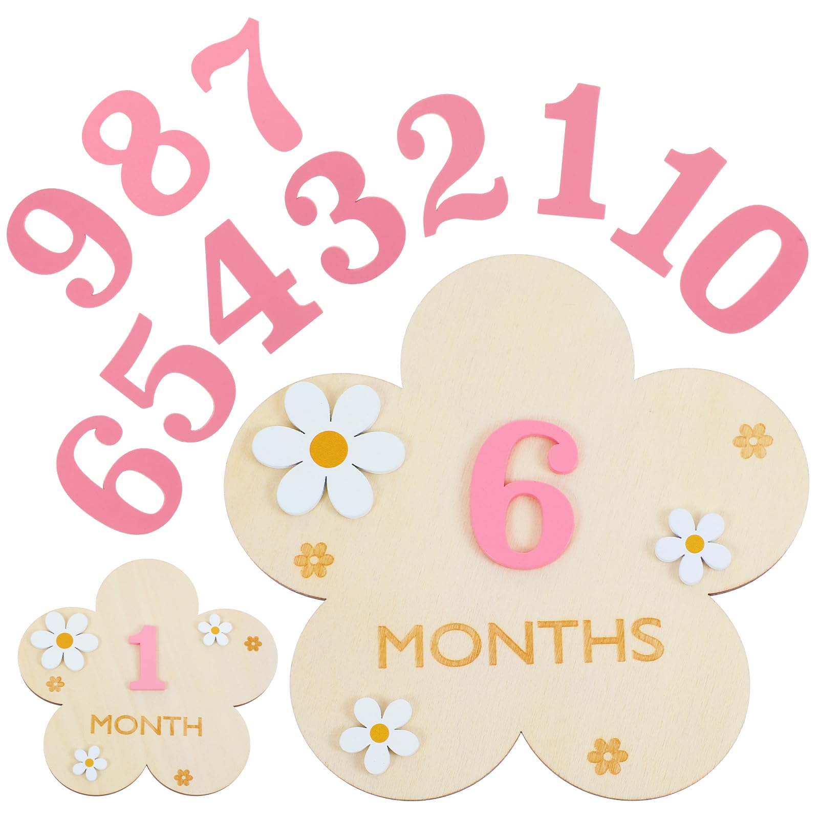 1 Set Holz Wolken Meilensteinkarten Baby,Meilensteinkarten Baby,DIY Blumen Meilensteine mit Rosa Ziffern (1-12 Monate,Rosa)