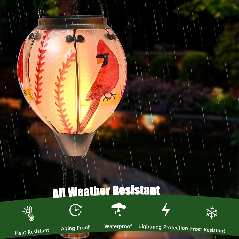 Hot Air Balloon Solar Lantern - Cardinal Bird Glass Lantern, Simulated Flickering & Dancing Flame, Outdoor Hanging Yard Light Waterproof IP65 for Patio Lawn Porch Decor Gift