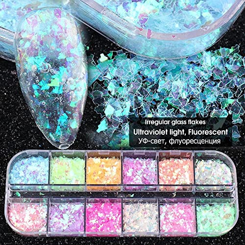 12 Grids Mermaid Flake Nail Glitter Sequins,Nail Art Foil Lridescent Ice Slag Nail Glitter Colorful Fluorescent Glass Paper Nail Sticker Holographic Nail Glitter For Make Up Diy Nail Decoration #TOP7