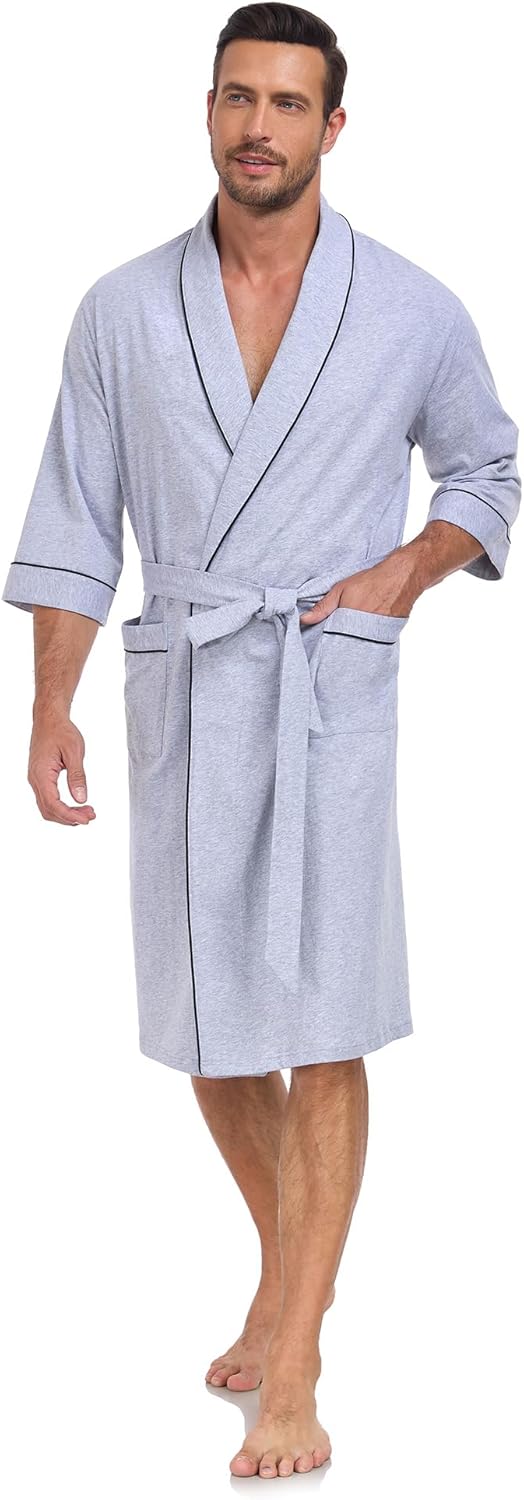 COLORFULLEAF 100% Cotton Men's Bathrobes for Summer Comfort Lightweight Breathable Short Sleeve Kimono Robe with pockets - Image 2