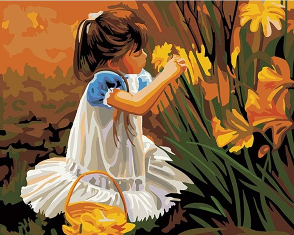 DIY Paint by Numbers for Adults Beginner Kids, Lovely Girl Picking Tulip Flowers 16x20 inch Linen Canvas Acrylic Stress Less Number Painting Gifts (Girl, Without Frame)