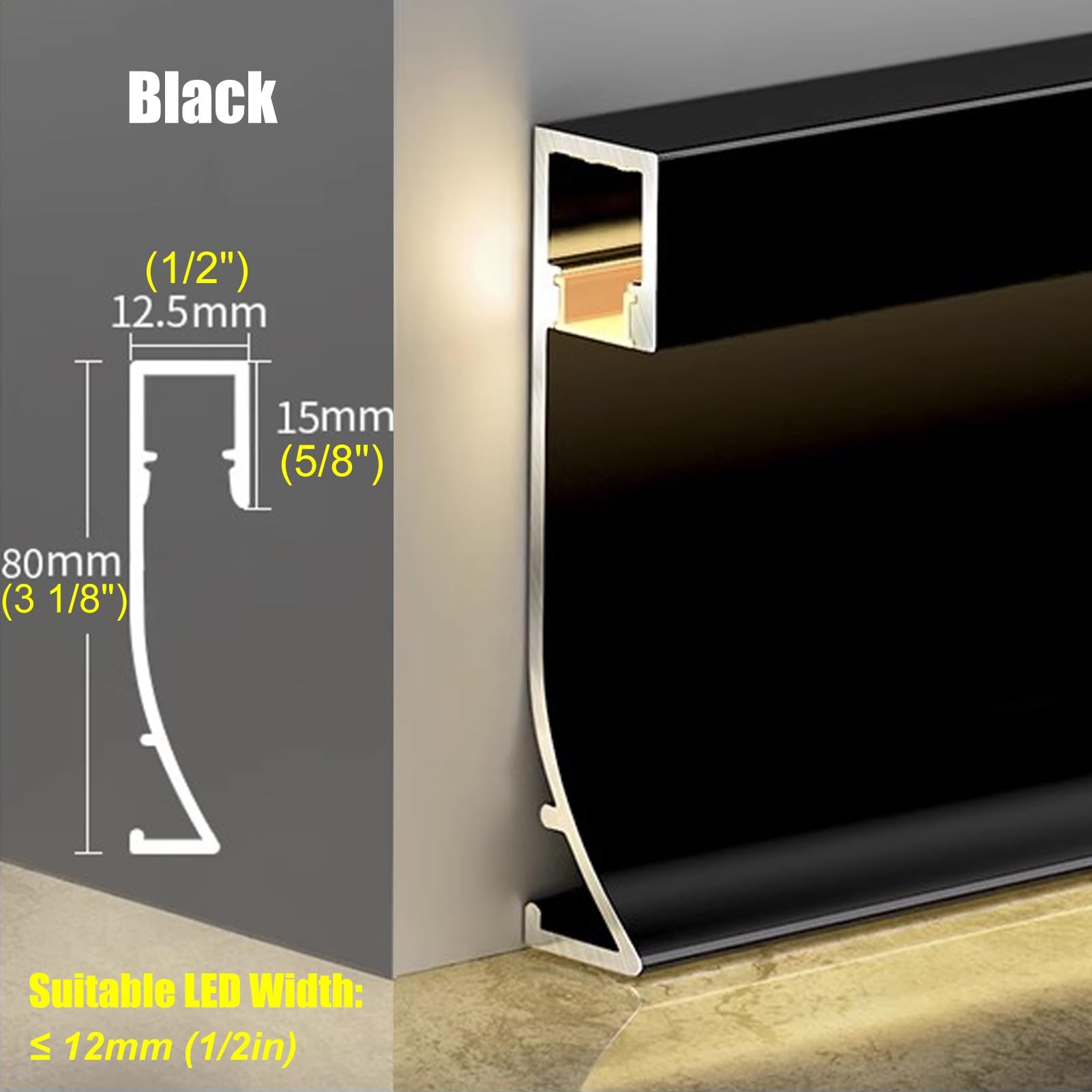 Rodapié de zócalo LED de montaje en superficie, perfil de aluminio de iluminación indirecta de piso interior for pasillo de cocina de dormitorio, canal difusor de tira LED(2.5m)