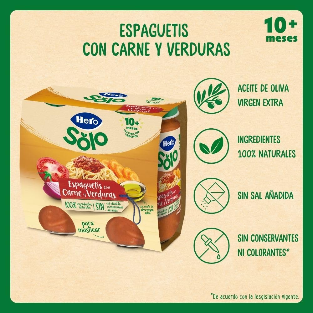 Hero Baby Tarritos de Trocitos de Espaguetis con Carne y Verduras, Alimento Infantil 12 x 235 g