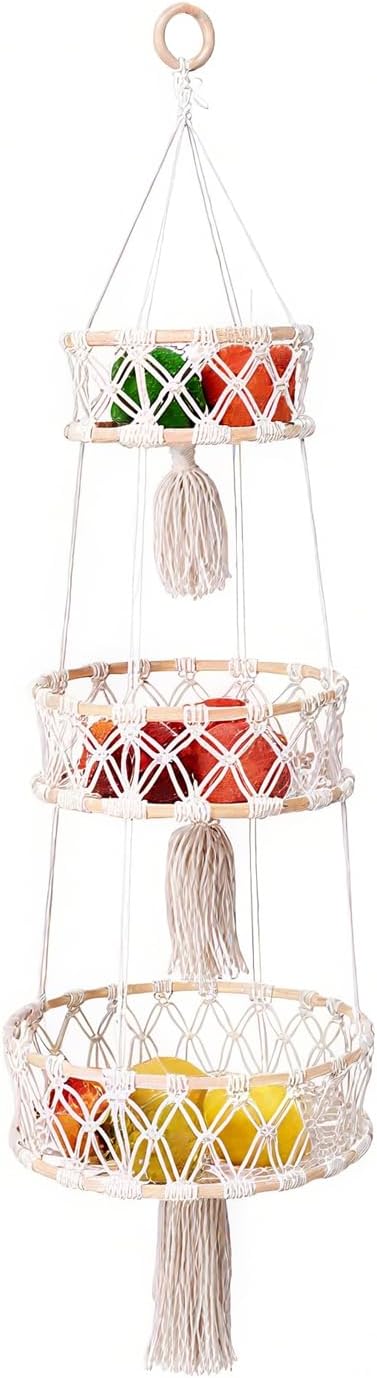 3-Tier Macrame Hanging Basket – Cotton Rope Fruit & Vegetable Storage Organizer,…