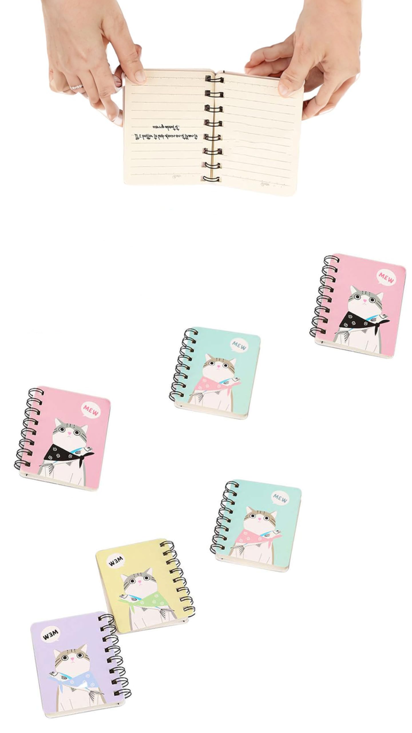 Sweet seven Set of 6 Cute Cat Mini Notebooks - Spiral Bound Memo for School and Office Supplies - Top Bound Mini Notebooks with Wire Binding