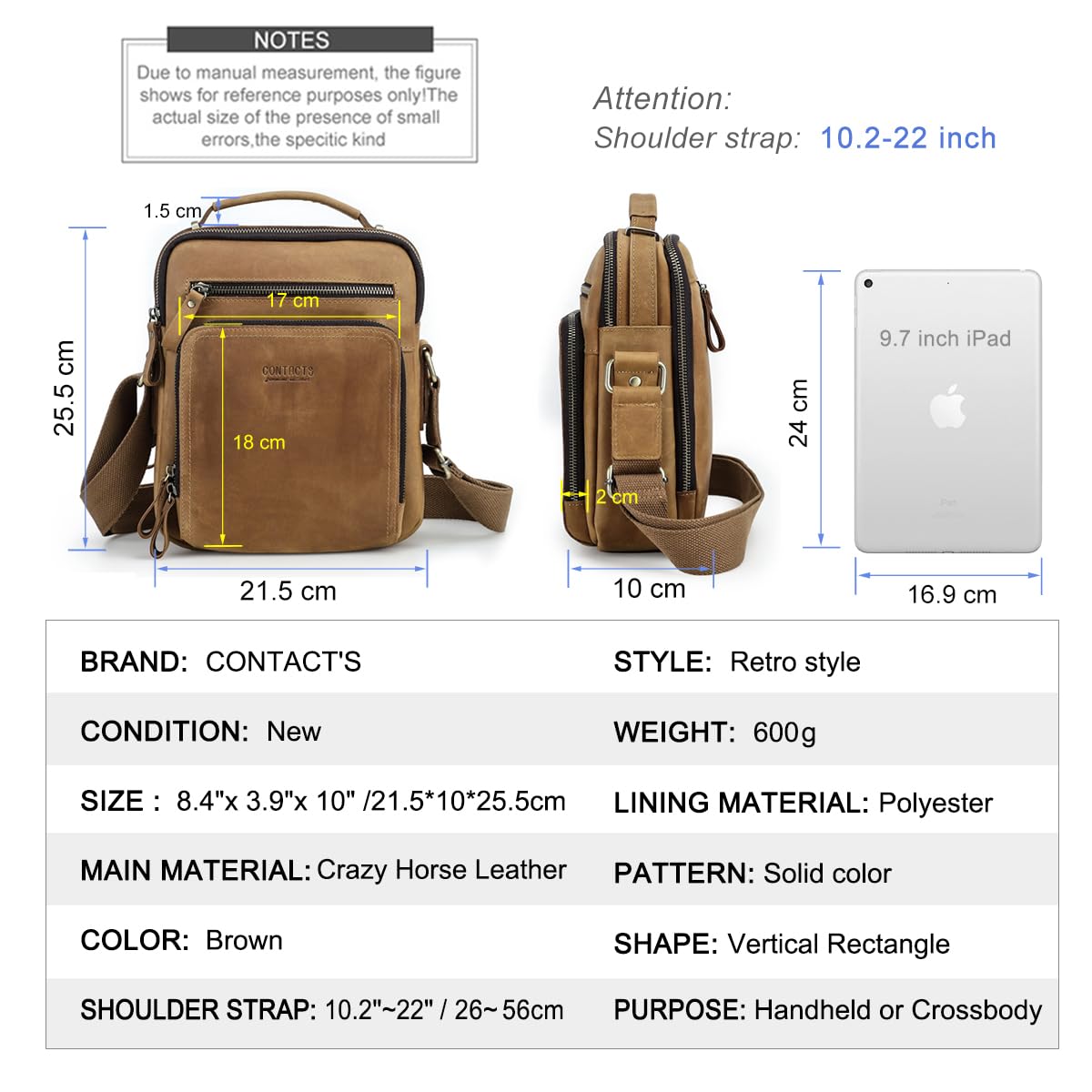 Contacts prawdziwa skóra męska iPad mini messenger crossbody torba tote teczka