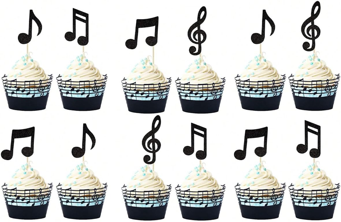 12 PCS Glitter Music Note Cupcake Toppers & Wrappers - Musical Symbol Decor for Rock Theme, Birthday, Wedding & Shower Party for Music Lovers (12 PCS)