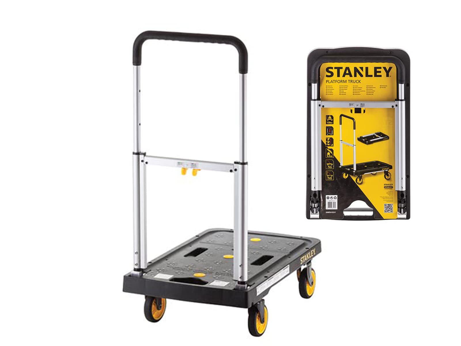 Stanley Klappbarer Plattformwagen PC517 - Max. 120KG - Aluminium - 68 x 41 x 92 cm - Anti-Rutsch-Plattform - Schwarz/Gelb