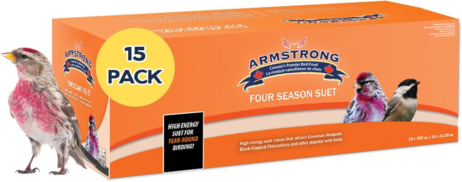 Armstrong Wild Bird Food Four Season Suet Cake, 11.3 Ounces (Pack of 15) - with Cut Corn, Rendered Beef Fat, White Millet and Black Oil Sunflower for Chickadees, Woodpeckers, Blue Jays and Cardinals