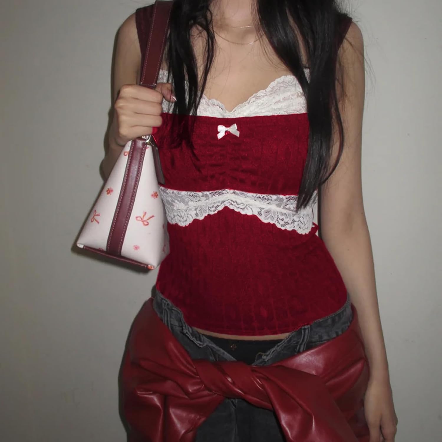 Fairy Grunge Tank Tops Women Vintage Lace Trim Ruched Cami Shirt Polka Dot Slim Fit Aesthetic Coquette Clothes - Image 2