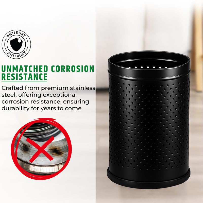 Image of Robustt Stainless Steel Perforated Design Open Top Dustbin - 18L | 10Inch (W) x 14Inch (H) Black Trash Can with Anti-skid Base | For Bathroom, Bedroom, Kitchen & Toilet or Commericial Use - Pack of 1