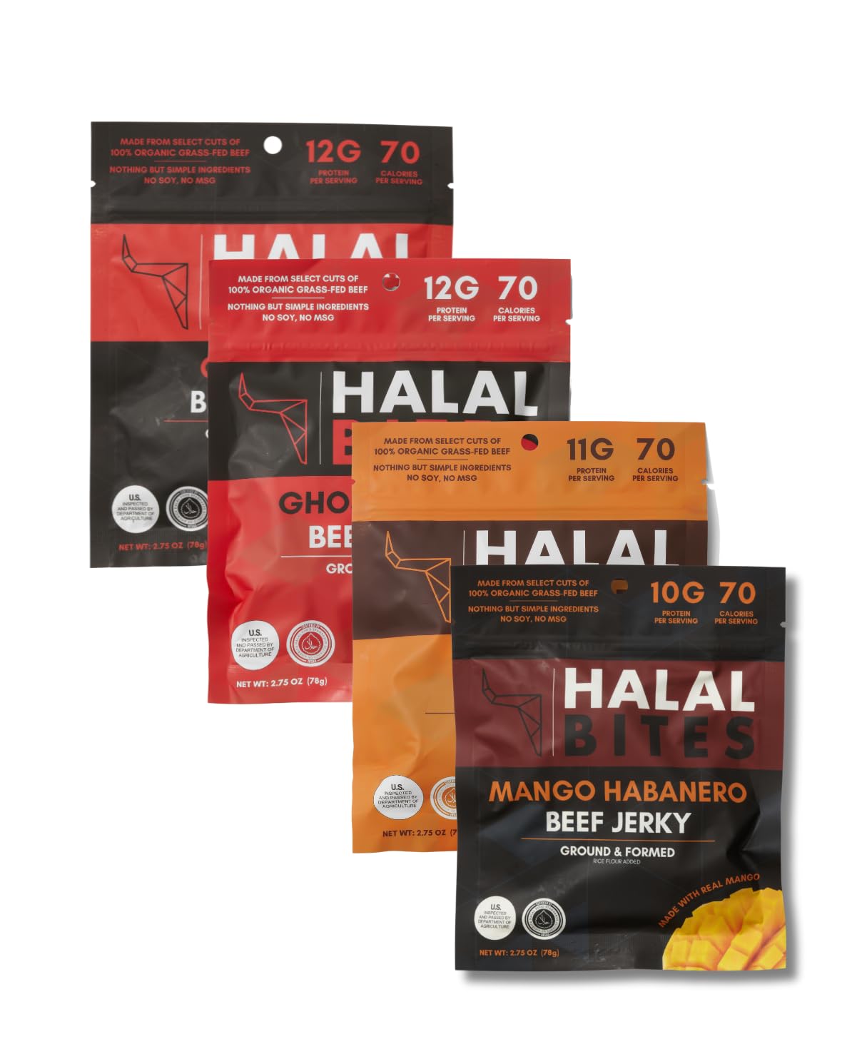 Mixed Flavor 4-Pack (Bulk Size) Halal Bites NEW Mango Habanero Flavor, Ghost Pepper Flavor, Original Flavor + Chipotle Flavors, Organic Grass-Fed Beef, Naturally Smoked, Infused with Honey & Black Cumin Seed