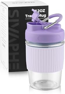 Sivaphe Reusable Glass Ice Hot Coffee Cup 12 oz, Portable Travel Mug with Spill-Proof Lid and Thermal Sleeve for Home Office Purple