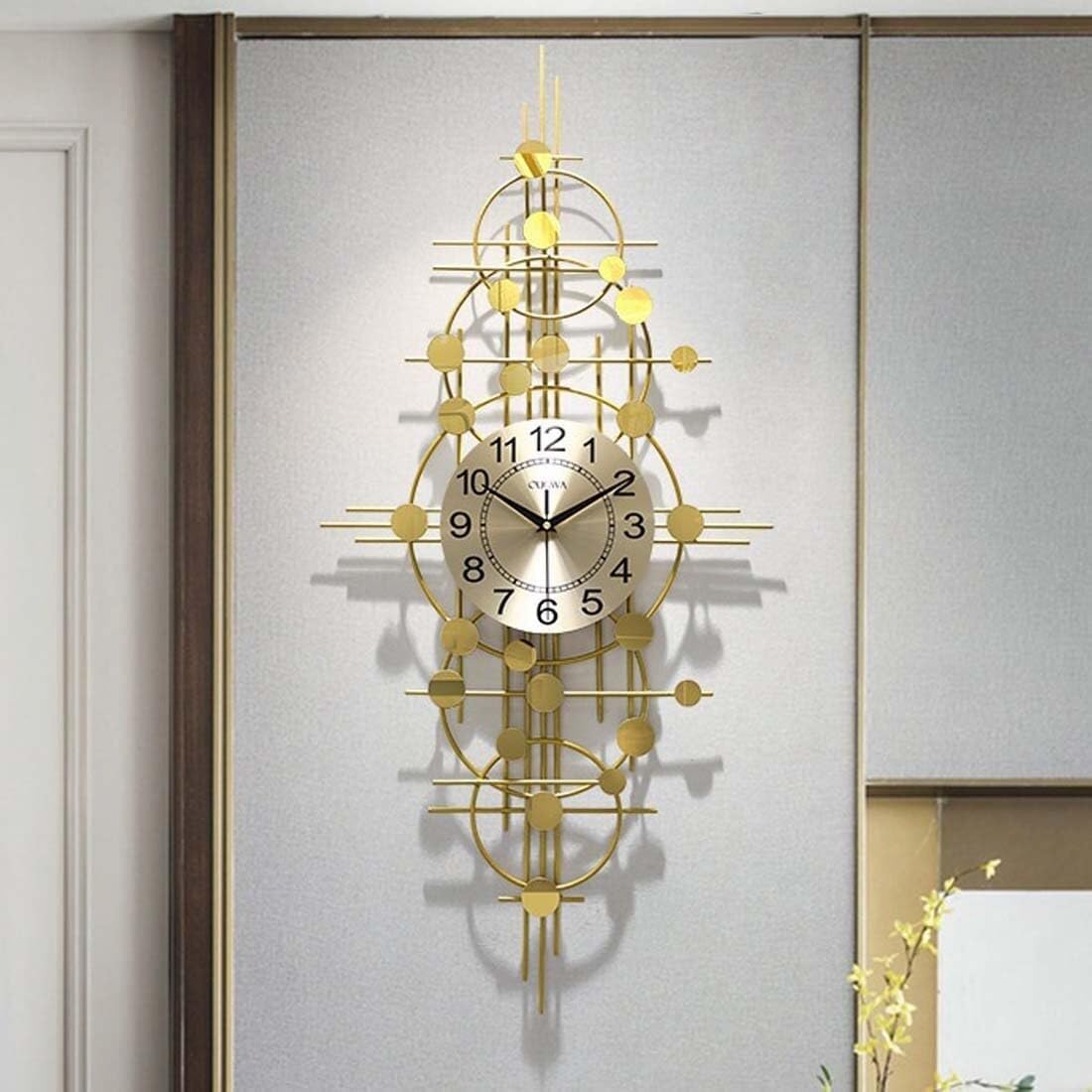 Ciche zegary ścienne, duży dekoracyjny metalowy zegar ścienny do domu, biura lub salonu, bez tykania, nowoczesny, bateryjny, styl vintage, złoty (dł. 42 x 90 cm)