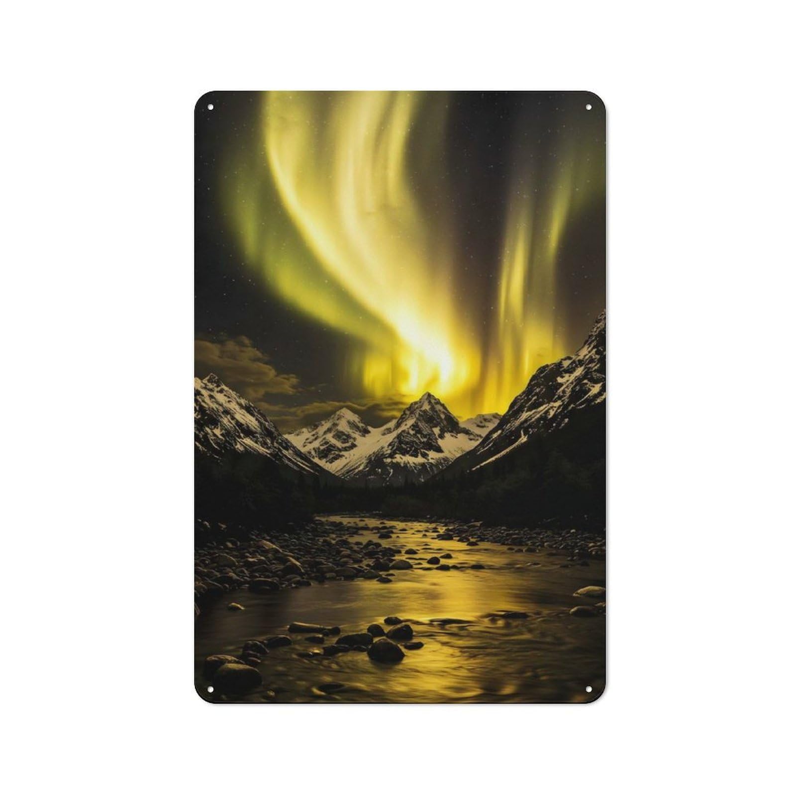 Country Style Aurora Borealis over Snowy Mountains Decorative Metal Sign 30x20cm, Bistro Wall Plaque for Restaurant, Kitchen, Counter Or Breakfast Nook