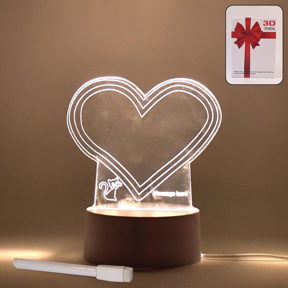 Image of Madhabi 3D Acrylic Heart LED Night Lamp with Marker Pen - USB Powered Creative Message Board Light for Bedroom, Living Room, Study Desk, Office Decoration and Gifting (1 Pc)