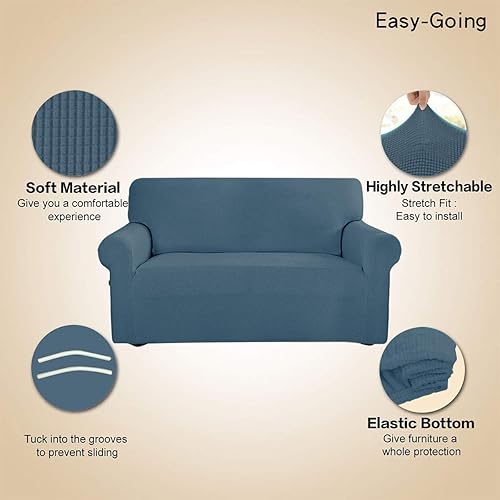 Vista 442 de Easy-Going - Funda elástica para sofá biplaza, 1 pieza, suave, con parte inferior elástica, protector para niños, tela jacquard de elastano y Gris