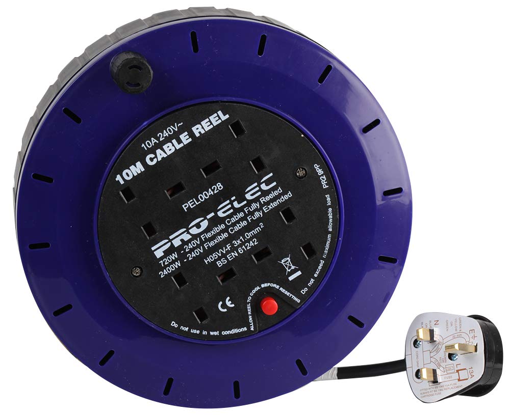 Pro Elec 4 Gang Mains Extension Cassette Reel, 10A, 10M