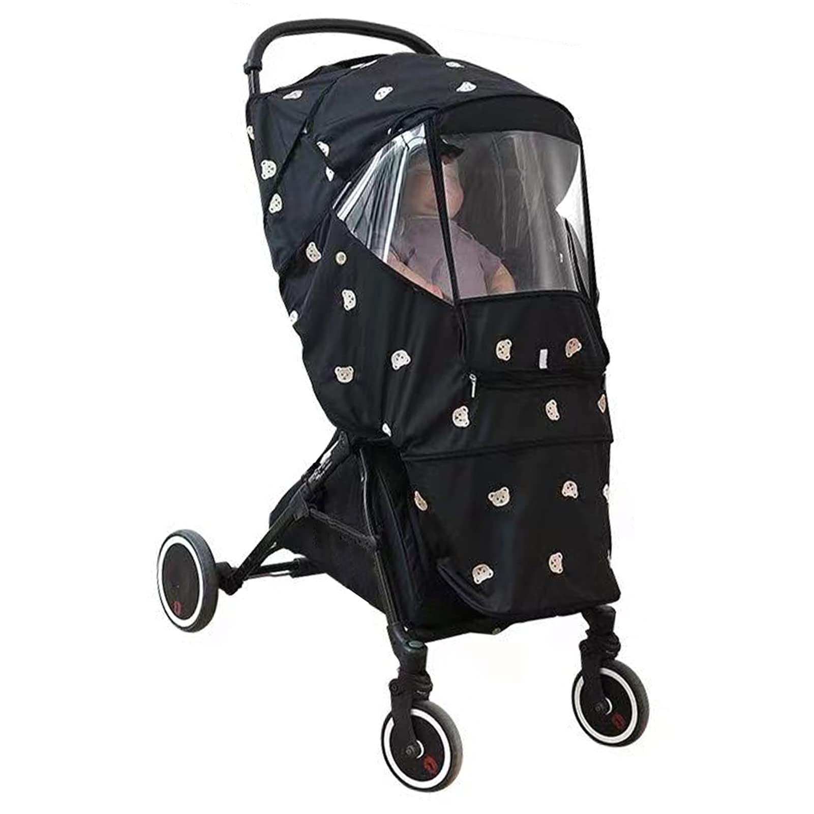Cryfokt Winddichter Kinderwagen-Regenschutz, Niedliches Bärenmuster, Wasserdicht für Reisen, Outdoor-Aktivitäten, Oxford-Stoff (BLACK)