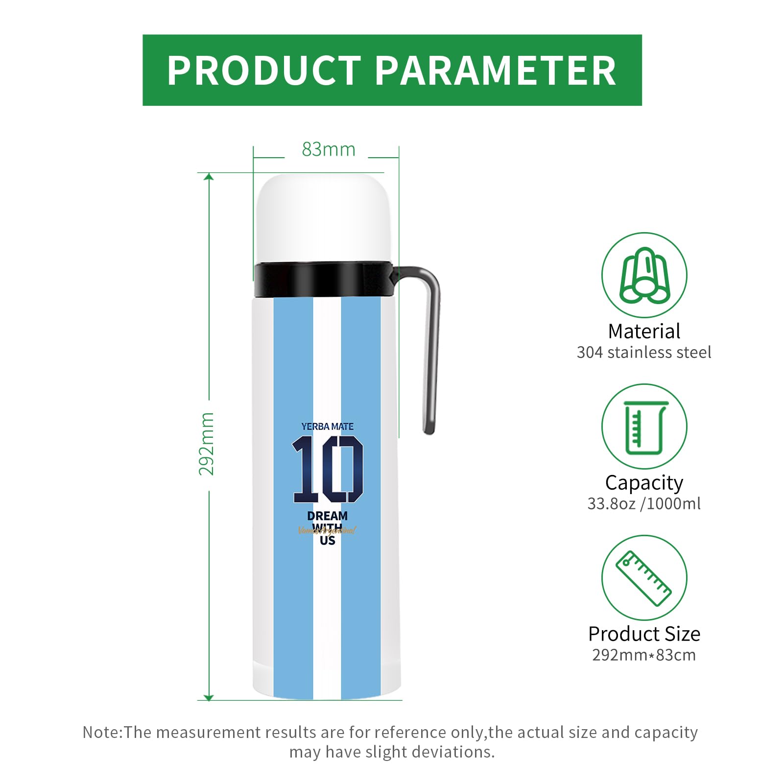 CUOPRU Botella de acero inoxidable de doble pared aislada al vacío para yerba mate, café, agua, té, 32 onzas, sin BPA, estilo Capitán de Argentina NO.10