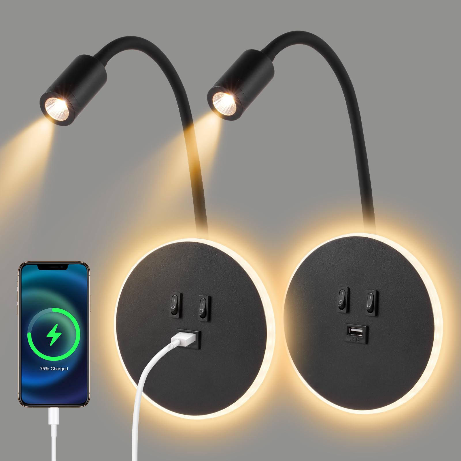 2pcs Lampada da parete a LED, lampada da lettura sul comodino a collo di cigno, applique regolabile sul comodino, con porta di ricarica USB, applique da parete per corridoio(luce calda 3W+9W) (Nero)