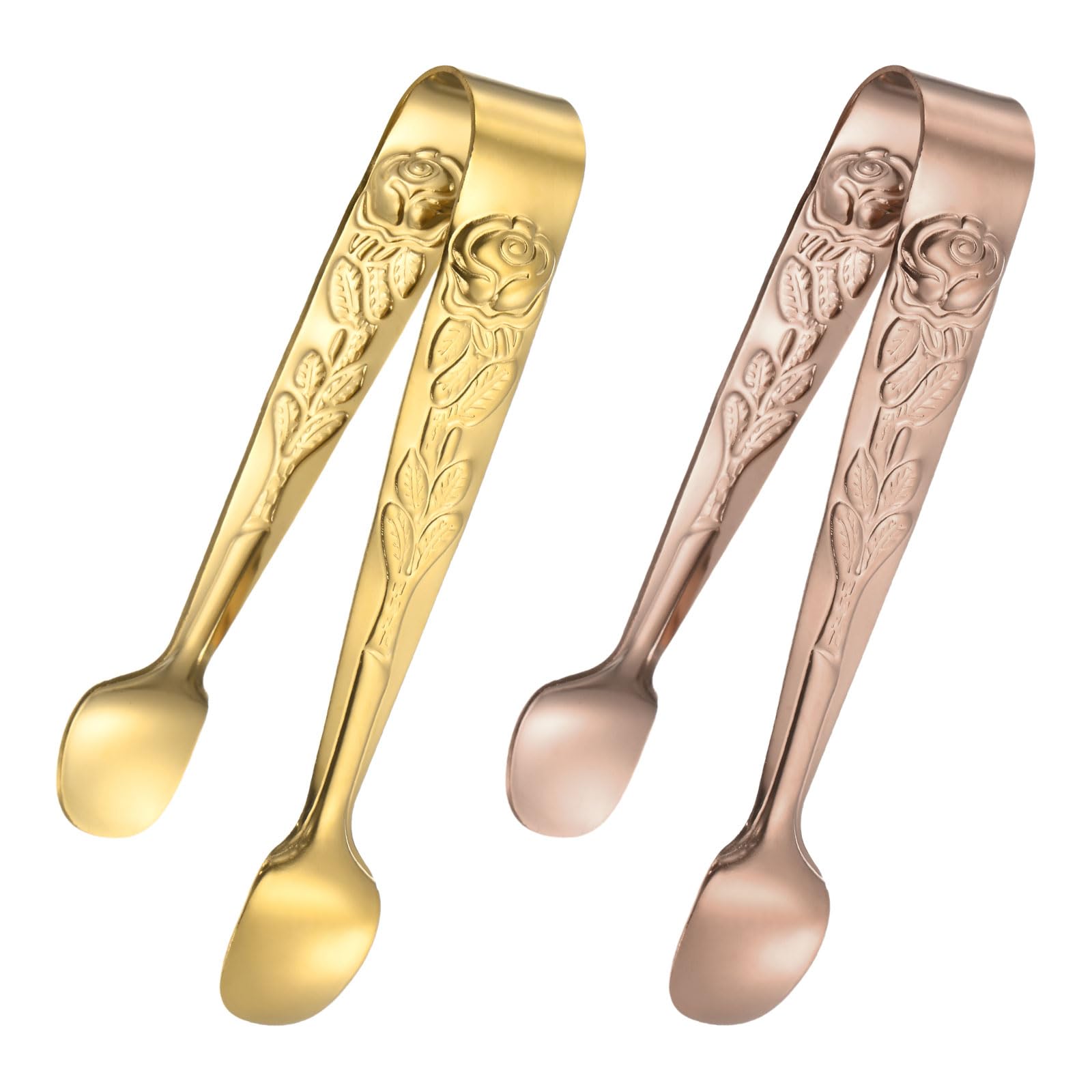 M METERXITY 2-Pack Mini Serving Tongs, 4.1 Inch 304 Stainless Steel Mini Sugar Cube Ice Tongs for Tea and Coffee Party, Small U-Shaped Metal Accessories [Gold Tone, Rose Gold]