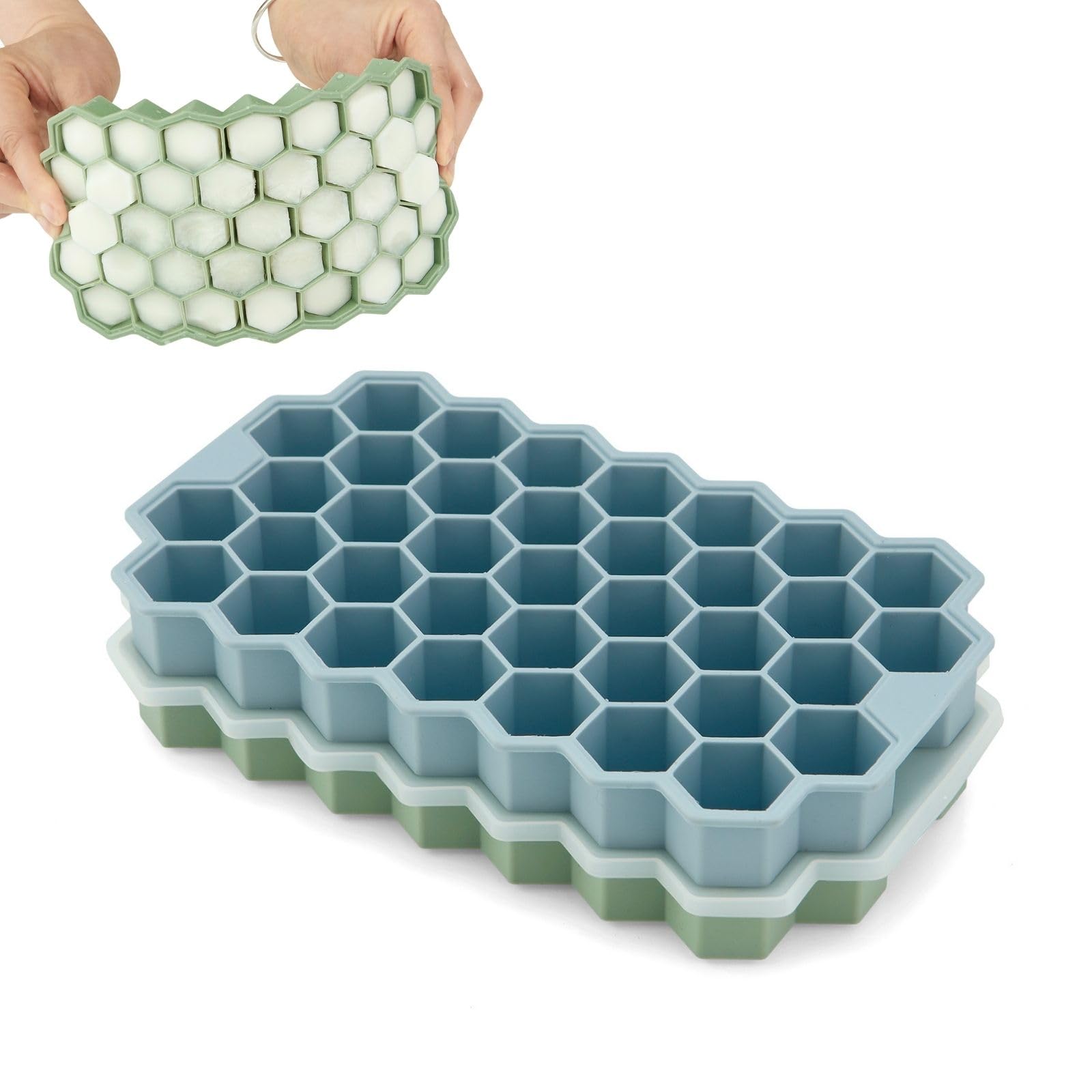 Photo 1 of 2 Pack Small Silicone Ice Cube Trays for Freezer with Lids, Emptycolor Honeycomb Ice Molds, Easy-Release Reusable Ice Maker Tray for Drinks, Coffee, Whiskey, Round & Pebble Ice Cubes, Blue Green
