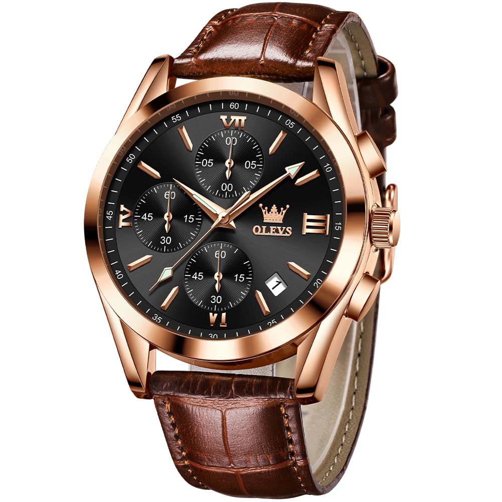 OLEVSWatches for Men Brown Leather Gold Case Analog Quartz Fashion Business Dress Watch Day Date Luminous Waterproof Casual Male Wrist Watches