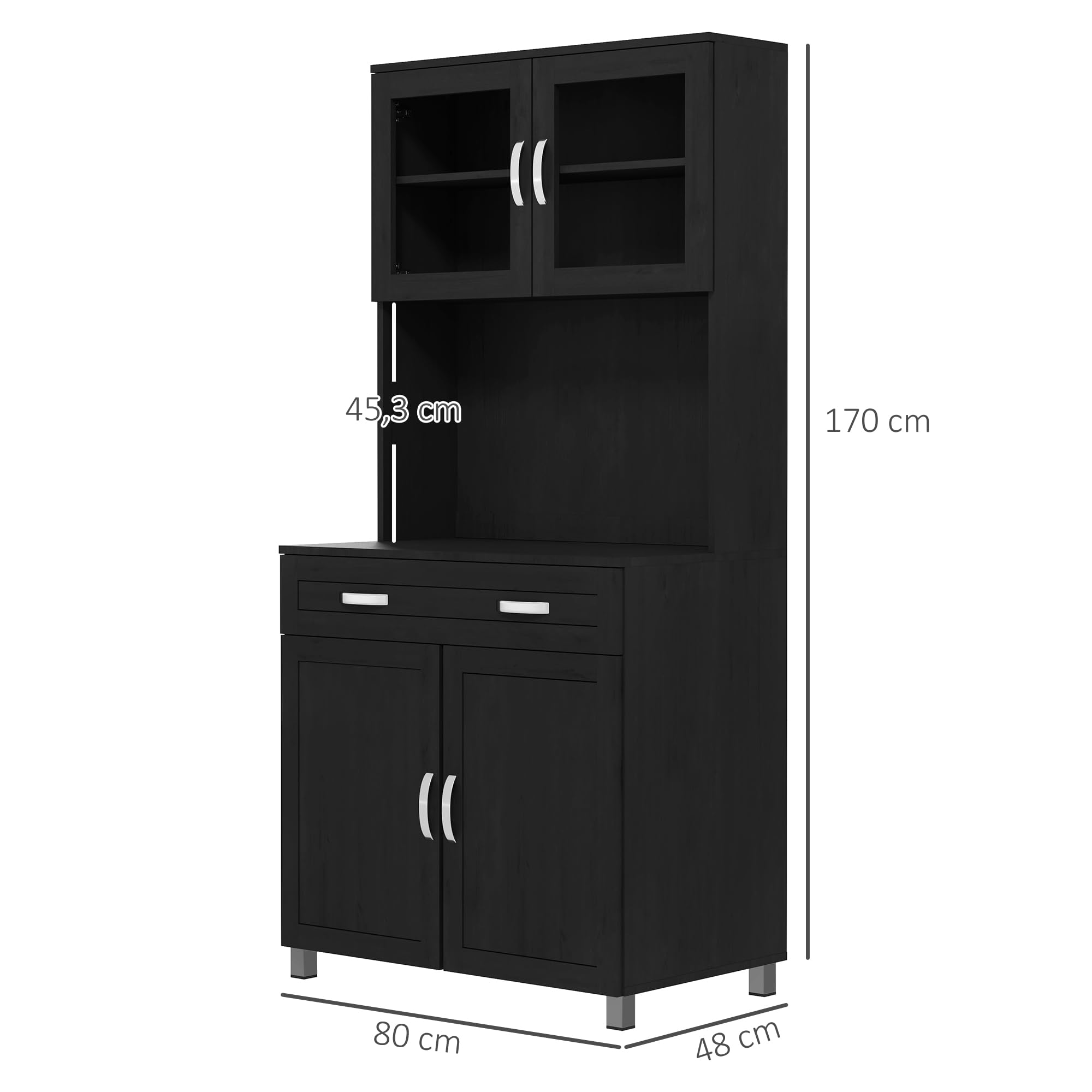 HOMCOM Buffet Haut Cuisine, Armoire de Cuisine, Tiroir, 80x48x170cm, Noir | Vaisselier, 4 Portes Dont 2 en Verre, Plan de Travail, Étagères Réglables, Meuble de Rangement pour Salon Salle à Manger