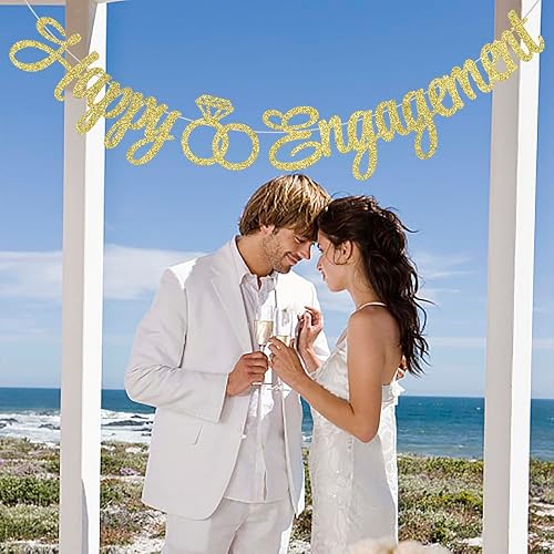 Miniatura 4 de Palasasa Cartel de compromiso con texto en inglés Happy Engagement Banner  Cartel dorado con purpurina para decoración de fiesta de compromiso,
