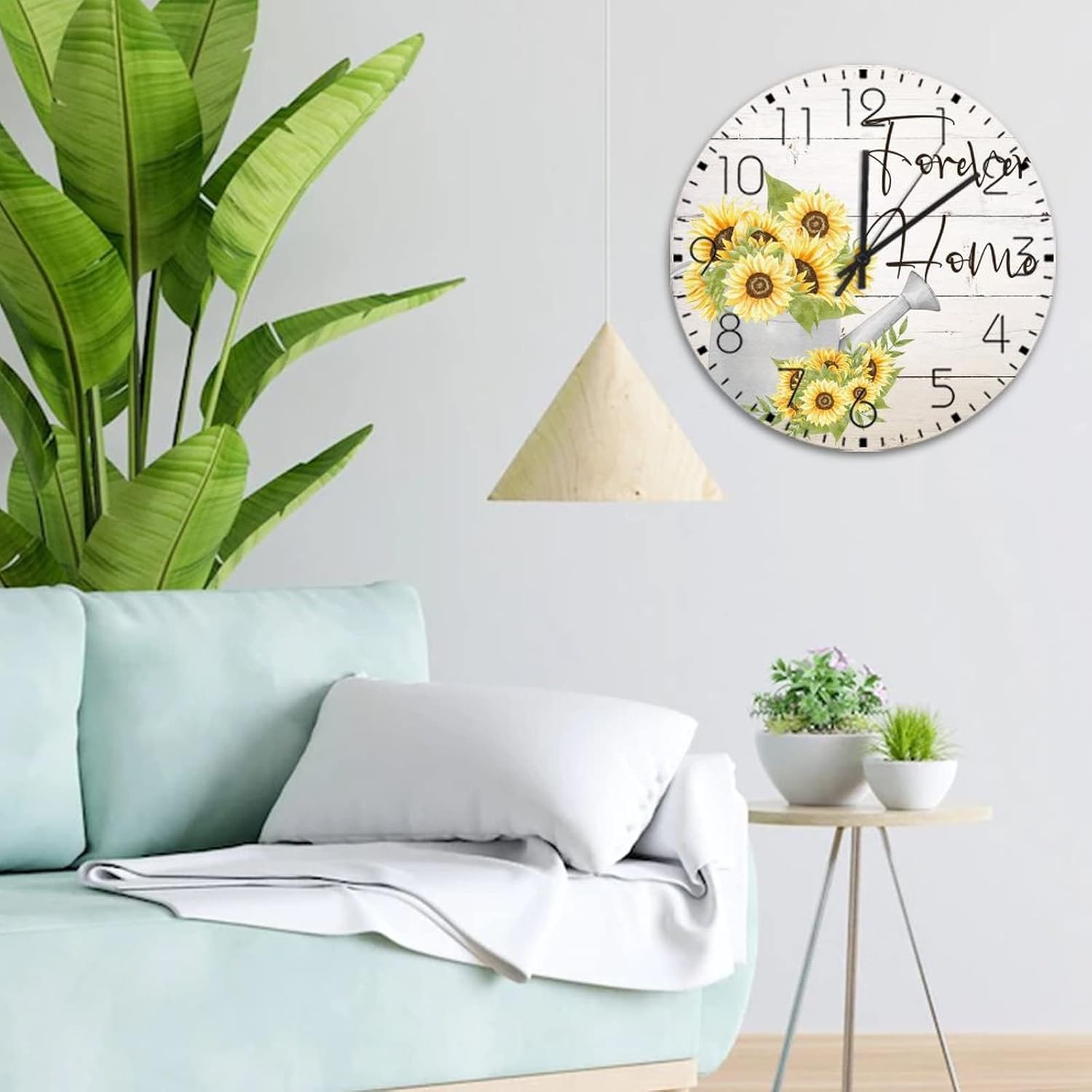 Wooden Wall Clock Round Silent Non-Ticking Forever Home Watercolor Mason Jar Floral Rustic Wall Clocks Flowers Painting Pictures Artwork Wooden Wall Decor for Man Cave Home Above Fireplace 15 Inch