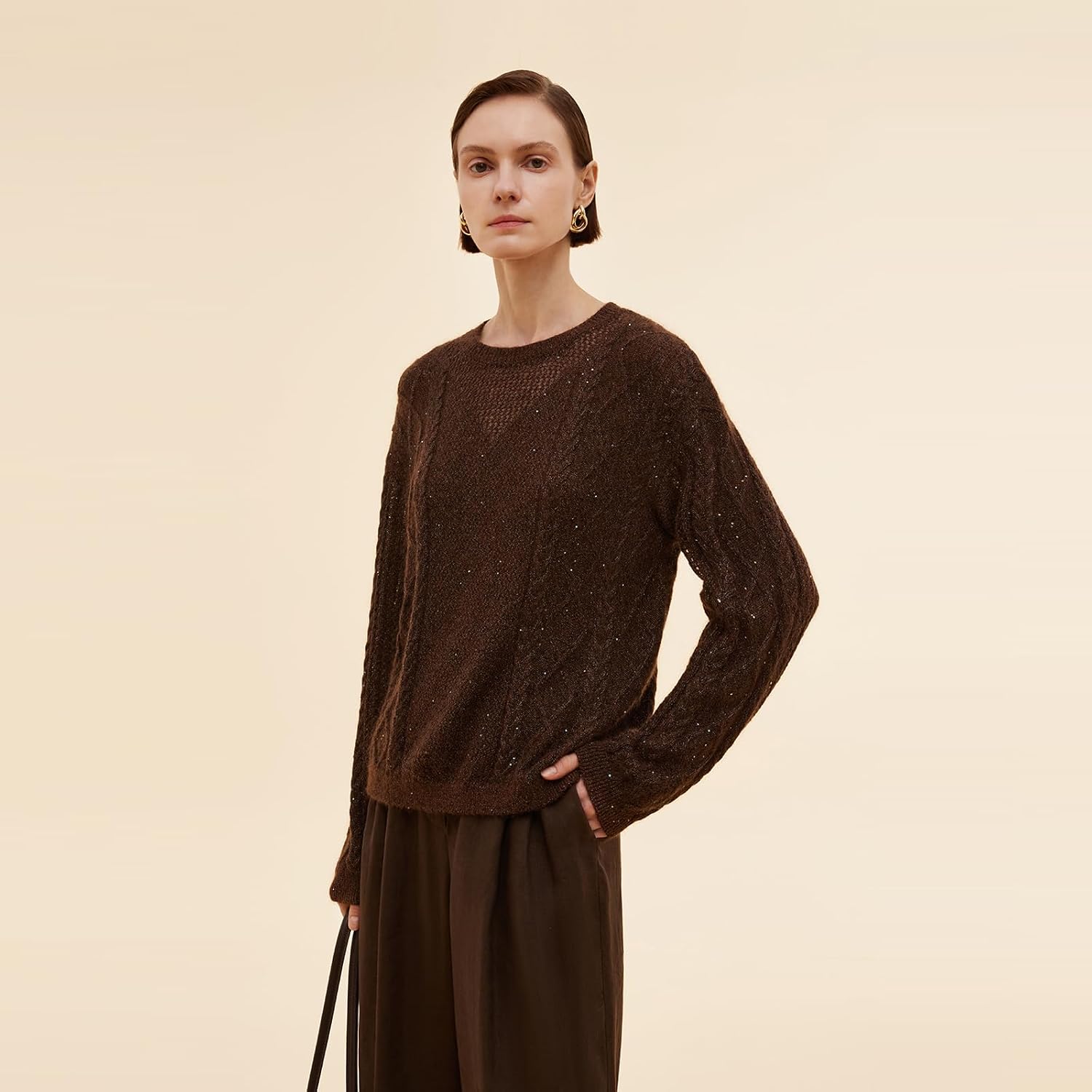GOELIA Women's Sweaters Mohair Wool Cozy Sweater Brown Round Neck Metallic Sequin Fall Pullover Sweater Winter Trendy Outfits