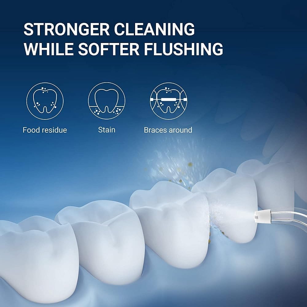 Illustration of Oclean W1 cleaning action on teeth, showing removal of food residue, stains, and cleaning around braces