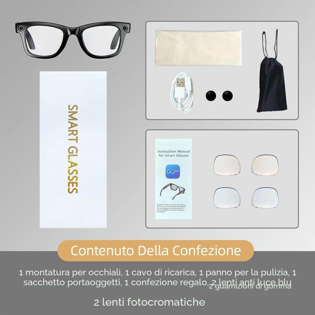 Occhiali Intelligenti AI: 1080P Manos Libres, Bluetooth 5.4, IP65, Protezione UV - Spedizione Amazon, Ideali per Uso Quotidiano/Attività all'Aperto