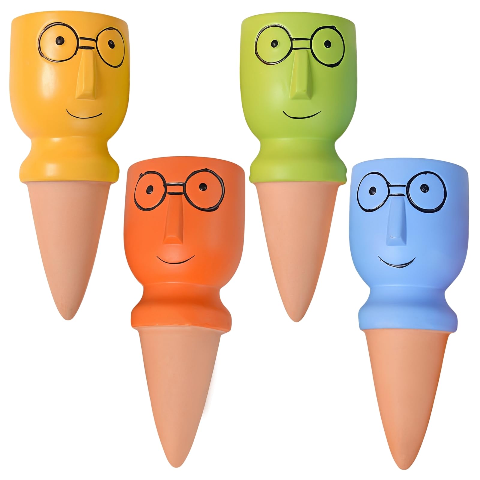Générique Lot de 4 cônes d'arrosage Automatique en Terre Cuite pour Plantes, Forme drôle de tête avec Grandes Lunettes, Goutte à Goutte coloré, idéal pour l'extérieur et Les Vacances